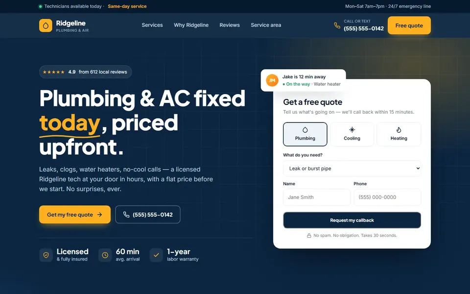 Browser mockup of the Ridgeline Plumbing & Air demo website showing a hero section with a call button